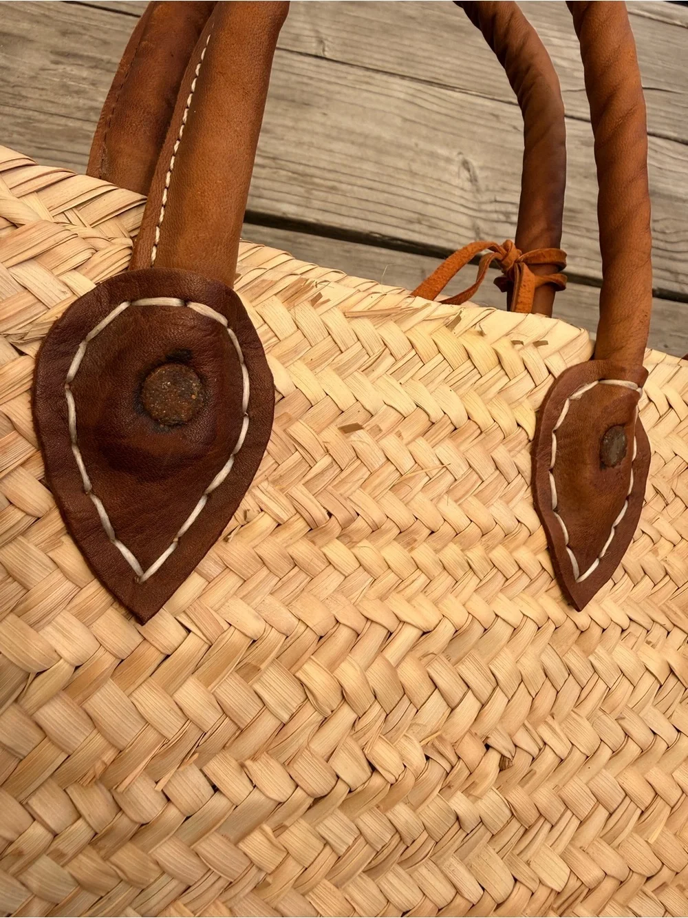 Natural Straw Backpack with Brown Leather Trim